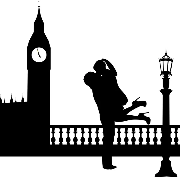 Pareja enamorada frente al Big Ben en la silueta de Londres — Vector de stock