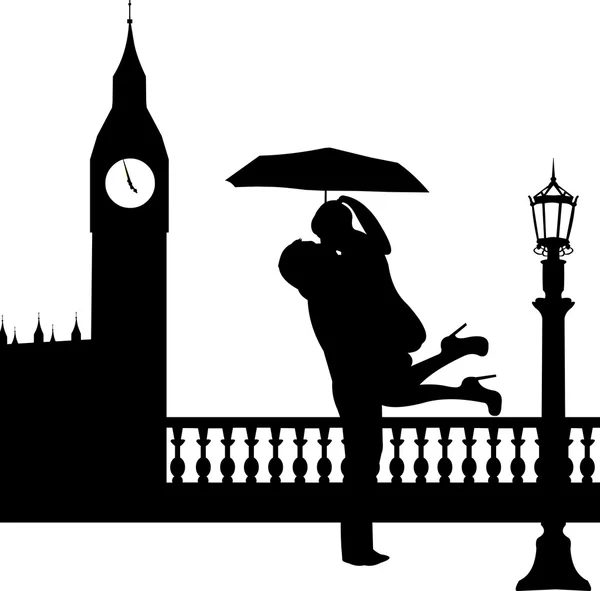 Esernyő előtt Big Ben London Silhouette szerelmes pár — Stock Vector