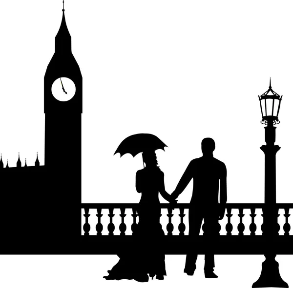Hochzeitspaar vor Big Ben in Londons Silhouette — Stockvektor