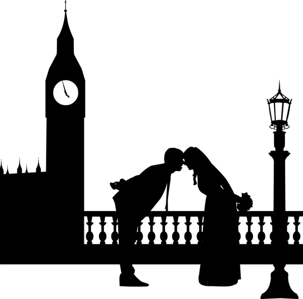 Hochzeitspaar vor Big Ben in Londons Silhouette — Stockvektor