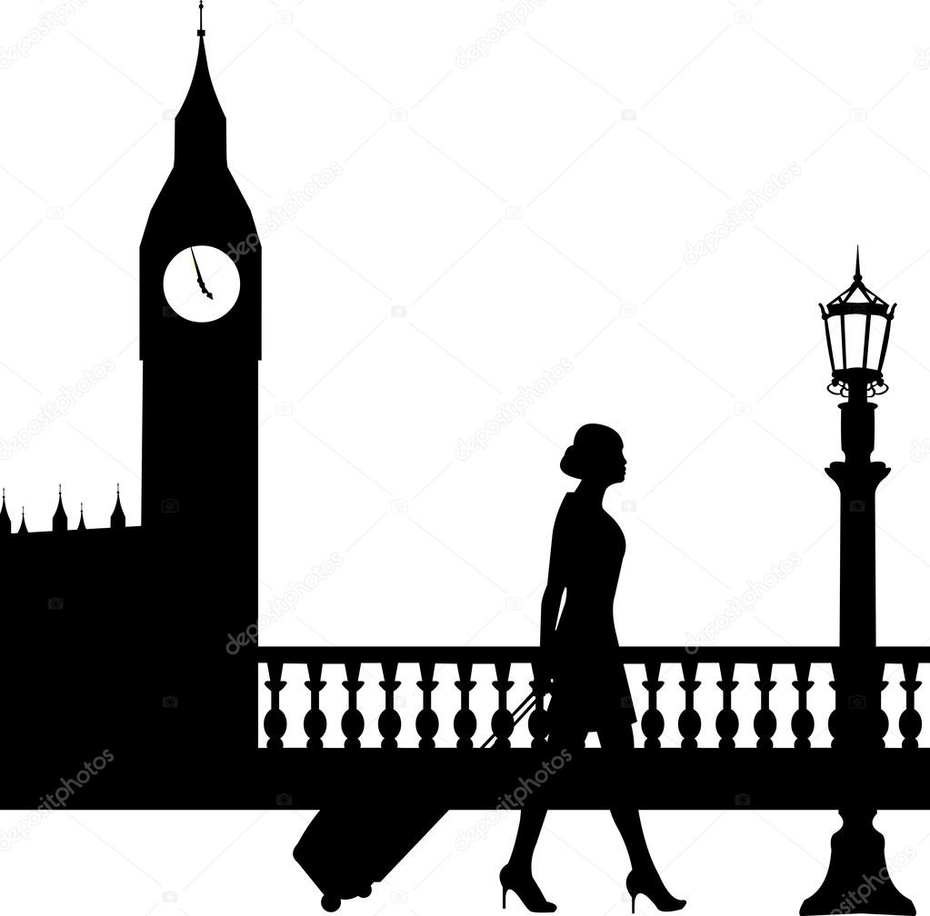 A business woman traveling on business trip in London and passes in front of Big Ben silhouette