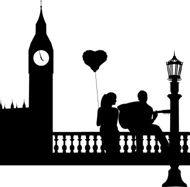 İki aşık nerede bir adam önünde büyük ben Londra siluet içinde gitar kız çalış.