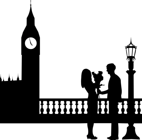 Junger Mann gibt seiner Freundin einen Blumenstrauß vor Big Ben in London Silhouette — Stockvektor