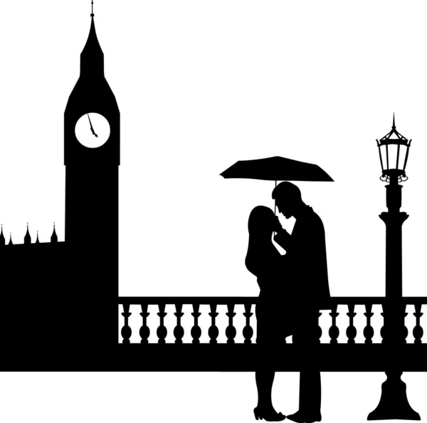 Pareja romántica frente al Big Ben en Londres bajo silueta de paraguas — Vector de stock