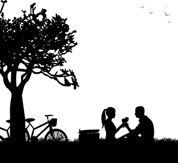 Romantisch paar in picknick, met fietsen in park onder de boom toast met glas wijn in voorjaar silhouet — Stockvector