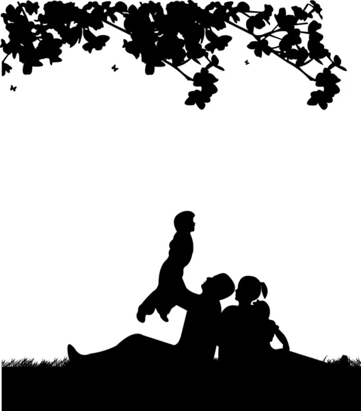 Piquenique familiar no parque na primavera sob a silhueta da árvore — Vetor de Stock