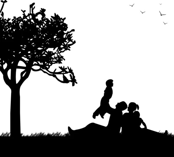 Family picnic in park in spring under the tree silhouette — Stock Vector