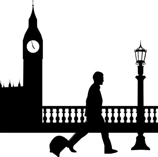 Un hombre de negocios que viaja por negocios a Londres y pasa frente a la silueta Big Ben — Vector de stock