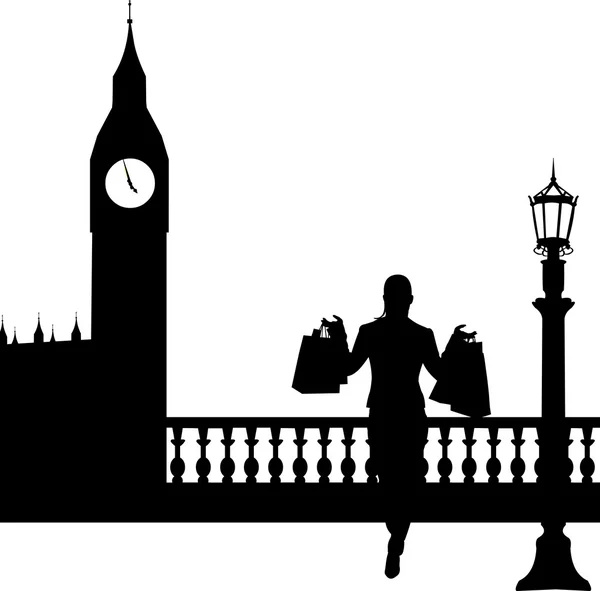 Femme dans le shopping à Londres devant la silhouette Big Ben — Image vectorielle