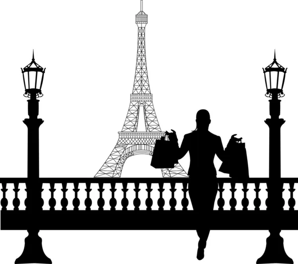 Femme en shopping à Paris devant la silhouette de la tour Eiffel — Image vectorielle