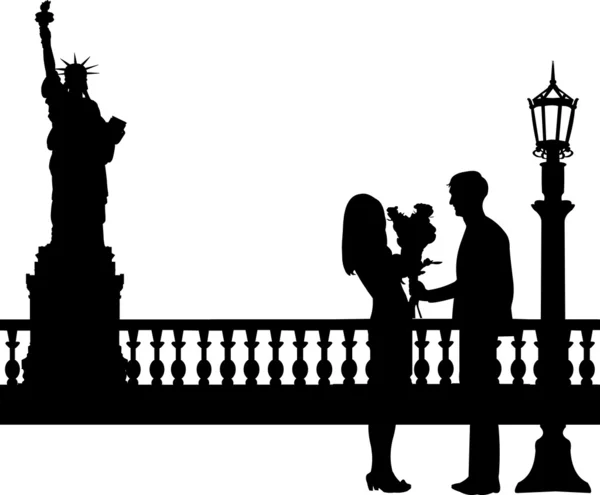 Young man giving his girlfriend a bouquet of flowers in New York silhouette — Stock Vector