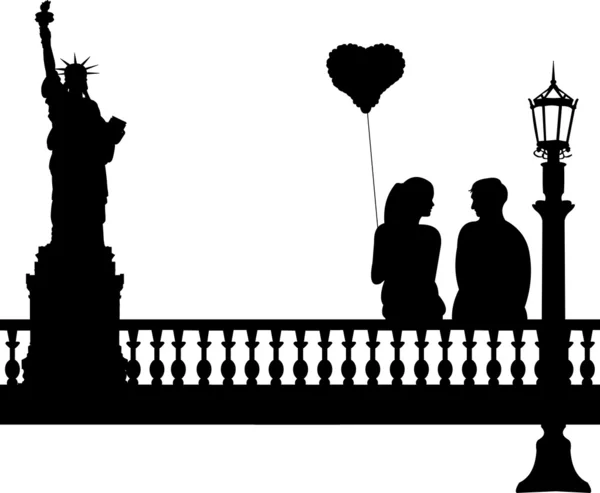 Verliefde paar met hart ballon in new york silhouet — Stockvector