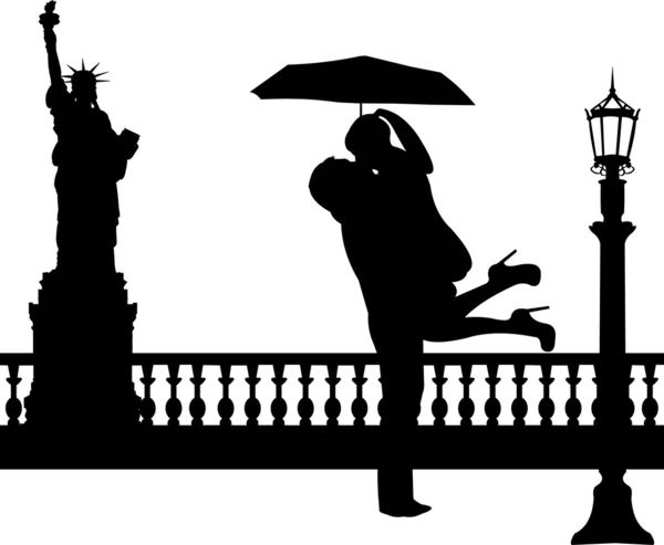 Couple in love with umbrella in New York silhouette — Stock Vector