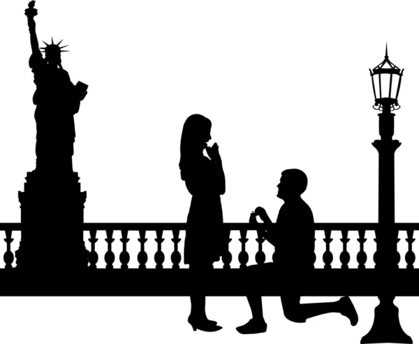 Romantic proposal in New York of a man proposing to a woman while standing on one knee silhouettes — Stock Vector