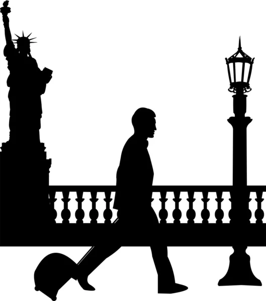 Un uomo d'affari in viaggio d'affari a New York silhouette — Vettoriale Stock