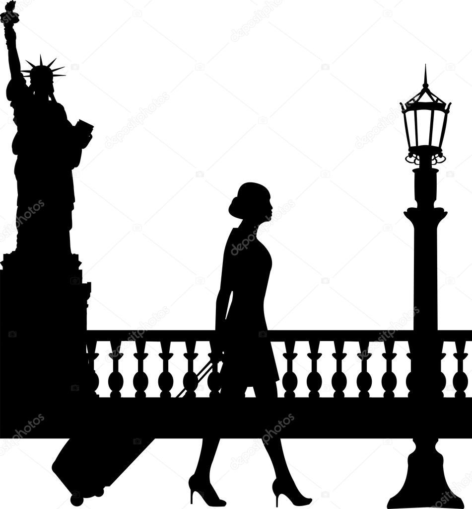 A business woman traveling on business trip in New York silhouette