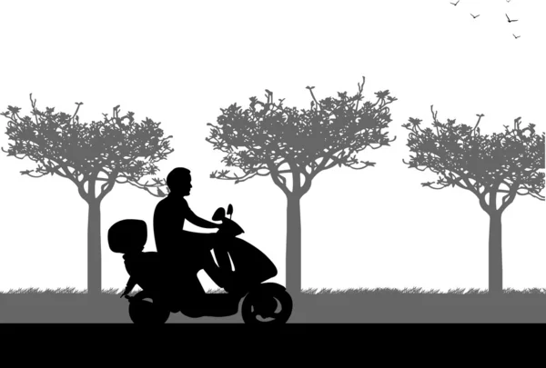 En silhuett av en man på motorcykel som kör längs vägen under våren — Stock vektor