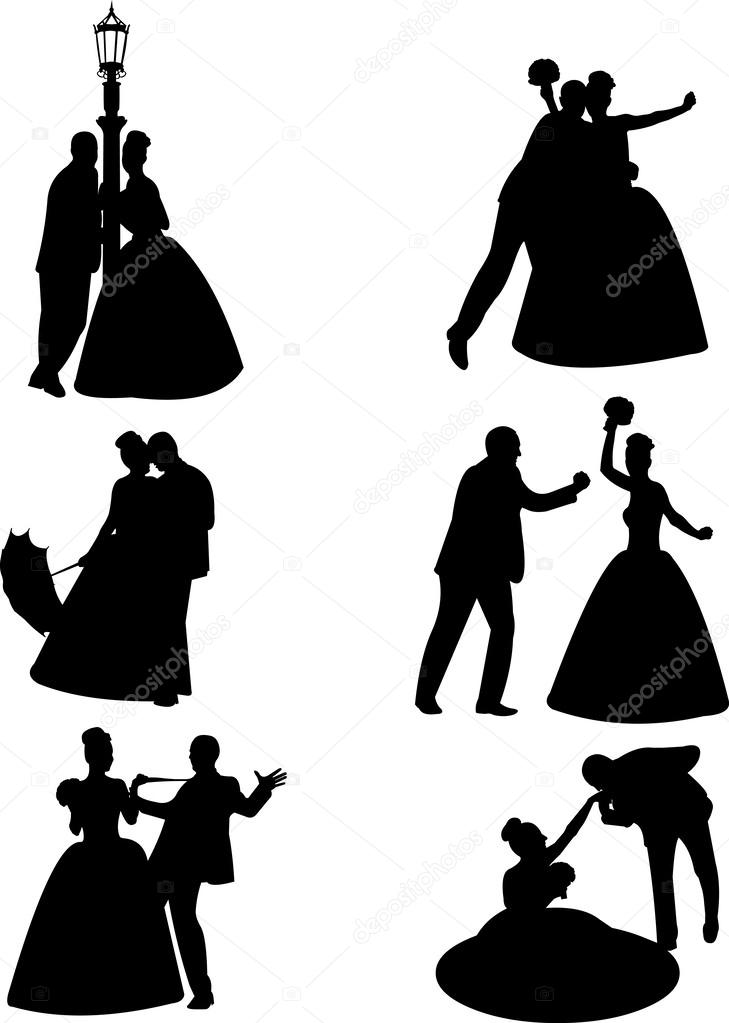 Wedding couples, groom and a bride in a different unusual poses silhouette