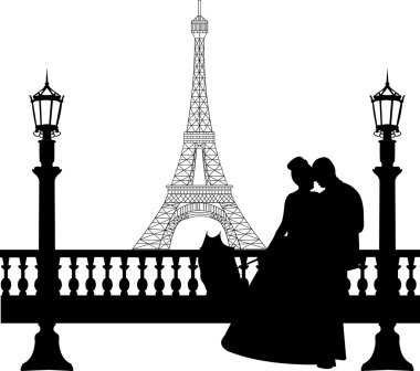Düğün çifti paris siluet Eyfel Kulesi önünde