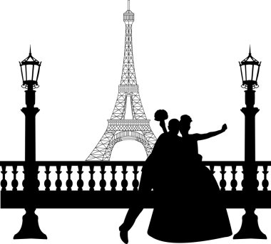 Düğün çifti paris siluet Eyfel Kulesi önünde