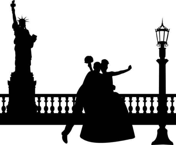 Hochzeitspaar in New York Silhouette — Stockvektor