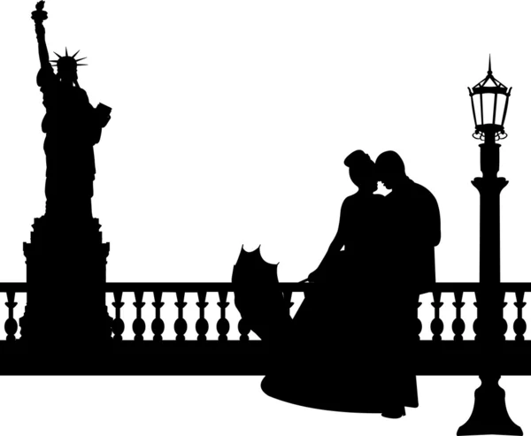 Matrimonio coppia a New York silhouette — Vettoriale Stock