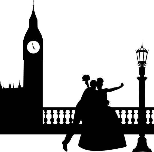 Wedding couple in front of Big Ben in London silhouette — Stock Vector