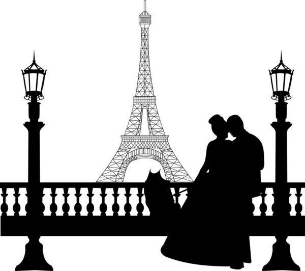 Wedding couple in front of Eiffel tower in Paris silhouette — Stock Vector