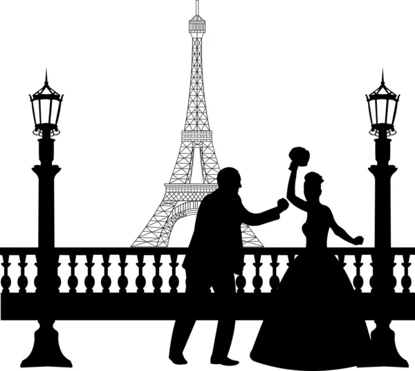 Свадебная пара перед Эйфелевой башней в парижском силуэте — стоковый вектор