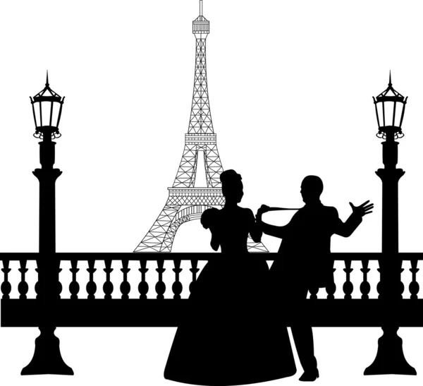Svatební pár před Eiffelova věž v Paříži silueta — Stockový vektor