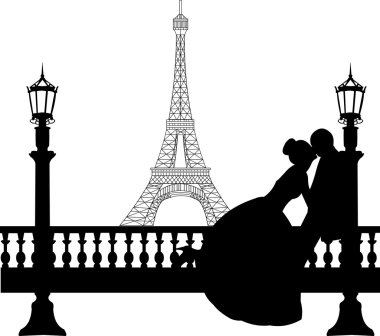 Düğün çifti paris siluet Eyfel Kulesi önünde