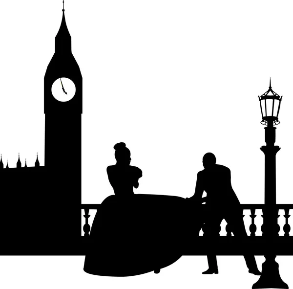 Bruiloft paar voor de big ben in Londen silhouet — Stockvector