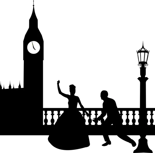 Coppia di sposi di fronte al Big Ben a Londra silhouette — Vettoriale Stock