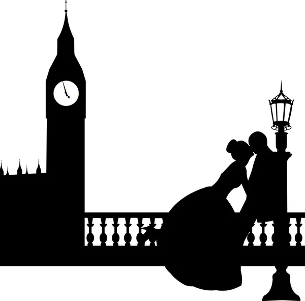 Wedding couple in front of Big Ben in London silhouette — Stock Vector