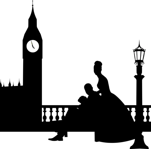 Pareja de boda frente al Big Ben en la silueta de Londres — Vector de stock