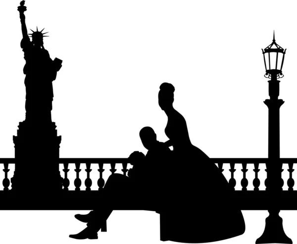 Matrimonio coppia a New York silhouette — Vettoriale Stock