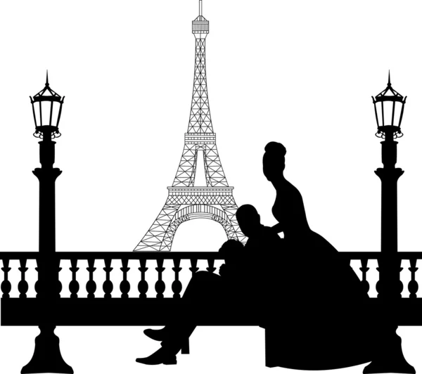 Pareja de boda frente a la torre Eiffel en la silueta de París — Vector de stock