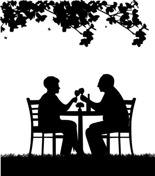 Bella coppia di anziani in pensione bere un bicchiere di vino in giardino sotto l'albero — Vettoriale Stock