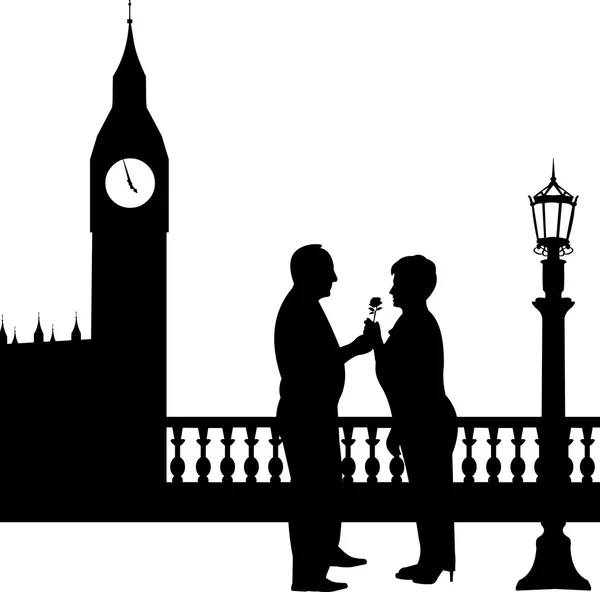 Preciosa pareja de ancianos jubilados donde el hombre da una mujer de flores frente al Big Ben en Londres — Vector de stock