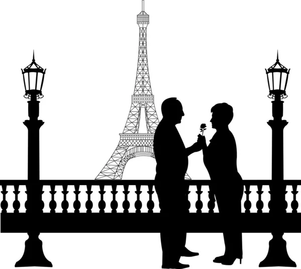 Joli couple de retraités où l'homme donne une femme fleurie devant la tour Eiffel à Paris — Image vectorielle