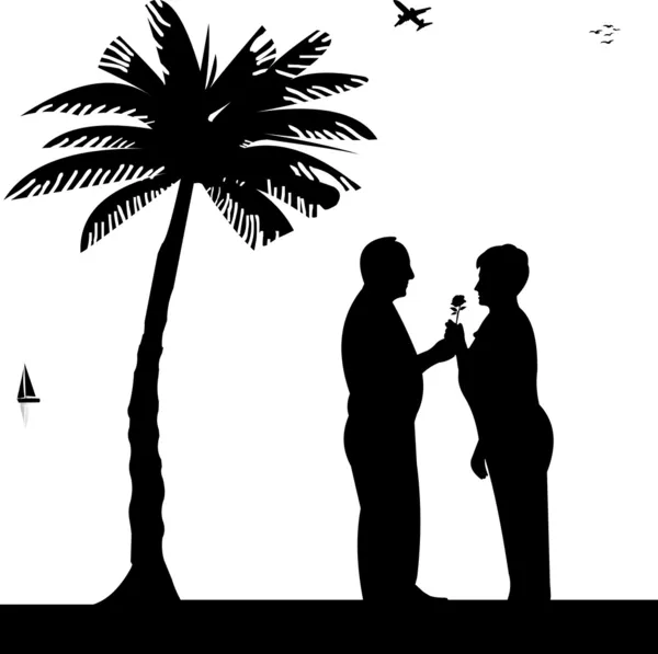 Casal idoso aposentado encantador onde o homem dá uma mulher flor na praia — Vetor de Stock