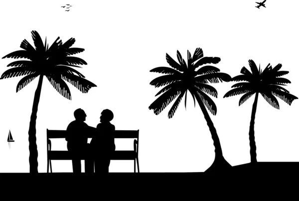 Lovely retired elderly couple sitting on bench on the beach — 스톡 벡터