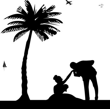 Çift, damat ve gelin sahil sahil siluet avucunda arasında düğün