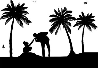 Çift, damat ve gelin sahil sahil siluet avucunda arasında düğün