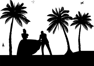 Çift, damat ve gelin sahil sahil siluet avucunda arasında düğün