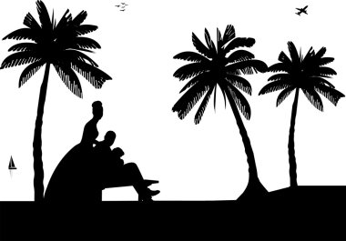 Çift, damat ve gelin sahil sahil siluet avucunda arasında düğün