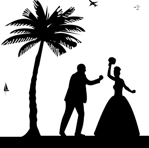 Свадебная пара, жених и невеста на берегу моря между пальмами на пляже силуэт — стоковый вектор