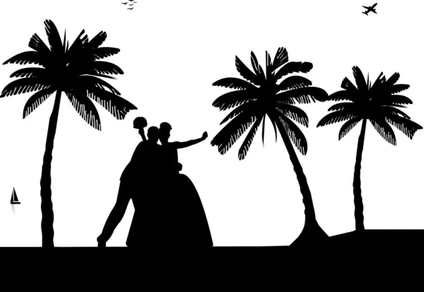 Wedding couple, groom and bride on seacoast between the palms on the beach silhouette — Stock Vector