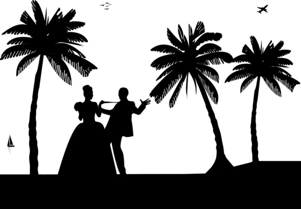 Wedding couple, groom and bride on seacoast between the palms on the beach silhouette — Stock Vector