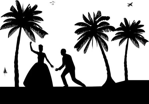 Matrimonio coppia, sposo e sposa in riva al mare tra le palme sulla spiaggia silhouette — Vettoriale Stock